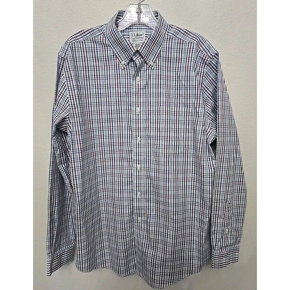 LL Bean Sz 15½ - 34 Sport Shirt Blue Plaid Wrinkle‎ Free Slightly Fitted Men's